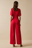 Red V-Neck Jumpsuit with Short Sleeves