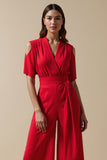 Red V-Neck Jumpsuit with Short Sleeves