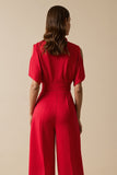Red V-Neck Jumpsuit with Short Sleeves