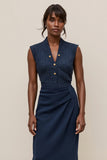 V-Neck Navy Sheath Midi Work Dress