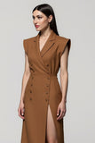 Brown V-Neck Sheath Work Dress with Slit