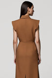 Brown V-Neck Sheath Work Dress with Slit