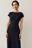 Navy Sheath Midi Work Dress with Short Sleeves