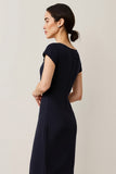 Navy Sheath Midi Work Dress with Short Sleeves