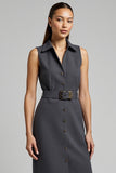 Sheath Dark Grey V-Neck Work Dress with Belt