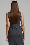 Sheath Dark Grey V-Neck Work Dress with Belt