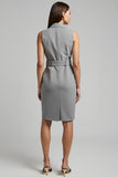 Grey Sheath V-Neck Midi Work Dress with Belt