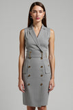 Grey Sheath V-Neck Midi Work Dress with Belt