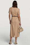 Camel Midi Round Neck Work Dress with Belt