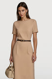 Camel Midi Round Neck Work Dress with Belt