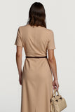 Camel Midi Round Neck Work Dress with Belt