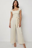 Apricot Square Neck Long Jumpsuit with Sash