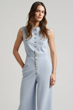 Sheath Blue Long Jumpsuit with Buttons
