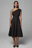 A Line Asymmetrical Neck Black Midi Dress