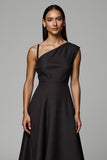 A Line Asymmetrical Neck Black Midi Dress
