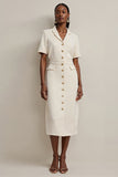 Sheath Ivory V-Neck Work Dress with Short Sleeves