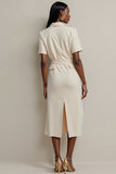 Sheath Ivory V-Neck Work Dress with Short Sleeves