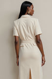 Sheath Ivory V-Neck Work Dress with Short Sleeves