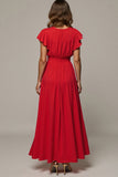 A Line Red Ruffle Sleeve V-Neck Maxi Dress