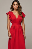 A Line Red Ruffle Sleeve V-Neck Maxi Dress