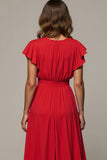 A Line Red Ruffle Sleeve V-Neck Maxi Dress