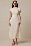 Ivory Sheath Long Work Dress with Short Sleeves