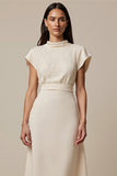 Ivory Sheath Long Work Dress with Short Sleeves