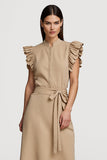 khaki Ruffle Sleeve Midi Work Dress with Sash