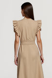 khaki Ruffle Sleeve Midi Work Dress with Sash