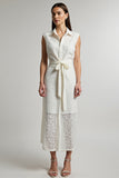 Ivory Sheath Lapel Neck Long Work Dress with Sash