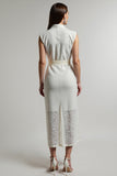 Ivory Sheath Lapel Neck Long Work Dress with Sash