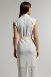 Ivory Sheath Lapel Neck Long Work Dress with Sash