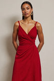 Red A Line Spaghetti Straps Midi Dress
