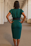Dark Green V-Neck Work Dress with Short Sleeves