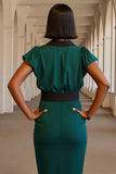 Dark Green V-Neck Work Dress with Short Sleeves