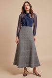 A Line Illusion Neck Grey Work Dress with Long Sleeves