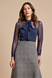 A Line Illusion Neck Grey Work Dress with Long Sleeves