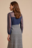 A Line Illusion Neck Grey Work Dress with Long Sleeves