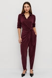 Burgundy V-Neck Long Jumpsuit with Half Sleeves