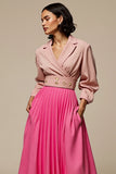 Fuchsia V-Neck Work Dress with Long Sleeves
