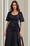 A Line Navy Square Neck Work Dress with Slit
