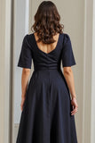 A Line Navy Square Neck Work Dress with Slit