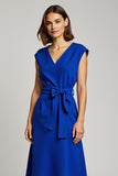 A Line Midi V-Neck Royal Blue Work Dress with Sash