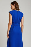 A Line Midi V-Neck Royal Blue Work Dress with Sash