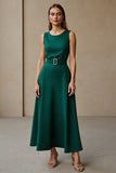 A Line Scoop Neck Dark Green Work Dress with Belt