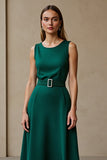 A Line Scoop Neck Dark Green Work Dress with Belt