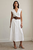 White A Line V-Neck Work Dress with Belt