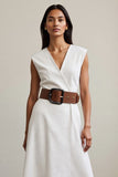 White A Line V-Neck Work Dress with Belt