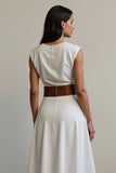 White A Line V-Neck Work Dress with Belt