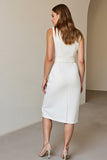 White V-Neck Sheath Work Dress with Belt